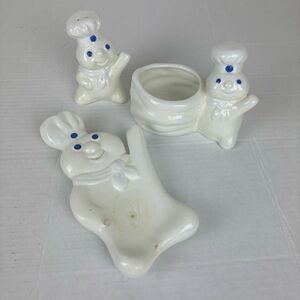 Pillsbury Dough Boy-3-pc kitchen set-scour holder/spoon rest/salt shaker(1)VTG